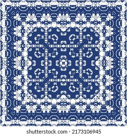 Portuguese ornamental azulejo ceramic. Minimal design. Vector seamless pattern elements. Blue vintage backdrop for wallpaper, web background, towels, print, surface texture, pillows.