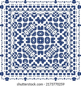 Portuguese ornamental azulejo ceramic. Minimal design. Vector seamless pattern texture. Blue vintage backdrop for wallpaper, web background, towels, print, surface texture, pillows.