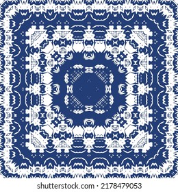 Portuguese ornamental azulejo ceramic. Minimal design. Vector seamless pattern elements. Blue vintage backdrop for wallpaper, web background, towels, print, surface texture, pillows.