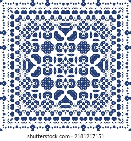Portuguese ornamental azulejo ceramic. Minimal design. Vector seamless pattern texture. Blue vintage backdrop for wallpaper, web background, towels, print, surface texture, pillows.
