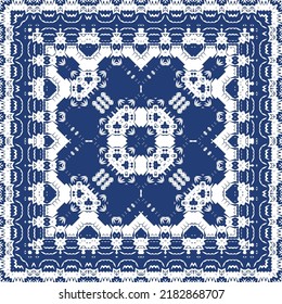 Portuguese ornamental azulejo ceramic. Minimal design. Vector seamless pattern elements. Blue vintage backdrop for wallpaper, web background, towels, print, surface texture, pillows.