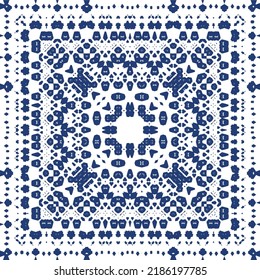 Portuguese ornamental azulejo ceramic. Minimal design. Vector seamless pattern texture. Blue vintage backdrop for wallpaper, web background, towels, print, surface texture, pillows.