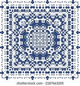 Portuguese ornamental azulejo ceramic. Minimal design. Vector seamless pattern texture. Blue vintage backdrop for wallpaper, web background, towels, print, surface texture, pillows.