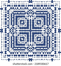 Portuguese ornamental azulejo ceramic. Minimal design. Vector seamless pattern texture. Blue vintage backdrop for wallpaper, web background, towels, print, surface texture, pillows.