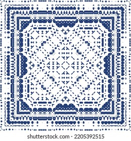 Portuguese ornamental azulejo ceramic. Minimal design. Vector seamless pattern texture. Blue vintage backdrop for wallpaper, web background, towels, print, surface texture, pillows.