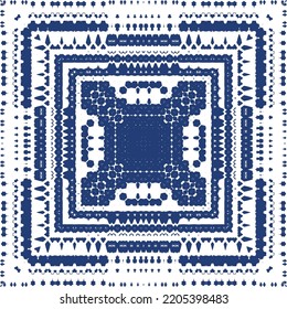 Portuguese ornamental azulejo ceramic. Minimal design. Vector seamless pattern texture. Blue vintage backdrop for wallpaper, web background, towels, print, surface texture, pillows.