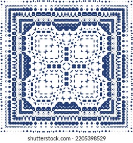 Portuguese ornamental azulejo ceramic. Minimal design. Vector seamless pattern texture. Blue vintage backdrop for wallpaper, web background, towels, print, surface texture, pillows.
