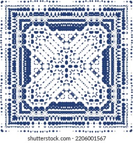 Portuguese ornamental azulejo ceramic. Minimal design. Vector seamless pattern texture. Blue vintage backdrop for wallpaper, web background, towels, print, surface texture, pillows.