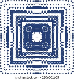 Portuguese ornamental azulejo ceramic. Minimal design. Vector seamless pattern texture. Blue vintage backdrop for wallpaper, web background, towels, print, surface texture, pillows.