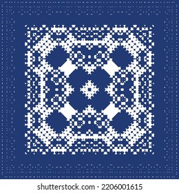 Portuguese ornamental azulejo ceramic. Minimal design. Vector seamless pattern elements. Blue vintage backdrop for wallpaper, web background, towels, print, surface texture, pillows.