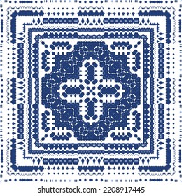 Portuguese ornamental azulejo ceramic. Minimal design. Vector seamless pattern texture. Blue vintage backdrop for wallpaper, web background, towels, print, surface texture, pillows.