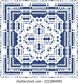 Portuguese ornamental azulejo ceramic. Minimal design. Vector seamless pattern texture. Blue vintage backdrop for wallpaper, web background, towels, print, surface texture, pillows.