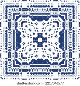 Portuguese ornamental azulejo ceramic. Minimal design. Vector seamless pattern texture. Blue vintage backdrop for wallpaper, web background, towels, print, surface texture, pillows.