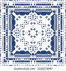Portuguese ornamental azulejo ceramic. Minimal design. Vector seamless pattern texture. Blue vintage backdrop for wallpaper, web background, towels, print, surface texture, pillows.