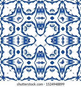 Portuguese ornamental azulejo ceramic. Modern design. Collection of vector seamless patterns. Blue vintage backdrops for wallpaper, web background, towels, print, surface texture, pillows.