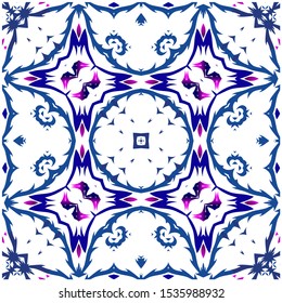 Portuguese ornamental azulejo ceramic. Modern design. Collection of vector seamless patterns. Blue vintage backdrops for wallpaper, web background, towels, print, surface texture, pillows.