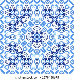 Portuguese ornamental azulejo ceramic. Modern design. Collection of vector seamless patterns. Blue vintage backdrops for wallpaper, web background, towels, print, surface texture, pillows.