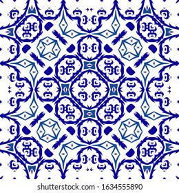 Portuguese ornamental azulejo ceramic. Modern design. Collection of vector seamless patterns. Blue vintage backdrops for wallpaper, web background, towels, print, surface texture, pillows.
