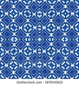 Portuguese ornamental azulejo ceramic. Modern design. Vector seamless pattern watercolor. Blue vintage backdrop for wallpaper, web background, towels, print, surface texture, pillows.