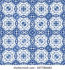 Portuguese ornamental azulejo ceramic. Modern design. Vector seamless pattern arabesque. Blue vintage backdrop for wallpaper, web background, towels, print, surface texture, pillows.