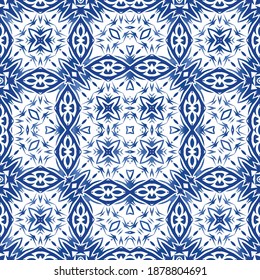 Portuguese ornamental azulejo ceramic. Modern design. Vector seamless pattern arabesque. Blue vintage backdrop for wallpaper, web background, towels, print, surface texture, pillows.