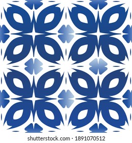 Portuguese ornamental azulejo ceramic. Modern design. Vector seamless pattern texture. Blue vintage backdrop for wallpaper, web background, towels, print, surface texture, pillows.