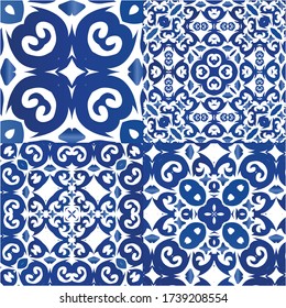 Portuguese ornamental azulejo ceramic. Original design. Set of vector seamless patterns. Blue vintage backdrops for wallpaper, web background, towels, print, surface texture, pillows.