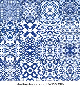 Portuguese ornamental azulejo ceramic. Original design. Set of vector seamless patterns. Blue vintage backdrops for wallpaper, web background, towels, print, surface texture, pillows.