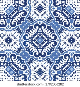 Portuguese ornamental azulejo ceramic. Original design. Vector seamless pattern frame. Blue vintage backdrop for wallpaper, web background, towels, print, surface texture, pillows.