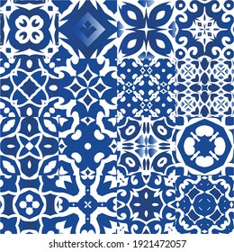 Portuguese ornamental azulejo ceramic. Original design. Set of vector seamless patterns. Blue vintage backdrops for wallpaper, web background, towels, print, surface texture, pillows.