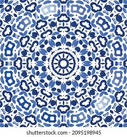 Portuguese ornamental azulejo ceramic. Original design. Vector seamless pattern watercolor. Blue vintage backdrop for wallpaper, web background, towels, print, surface texture, pillows.