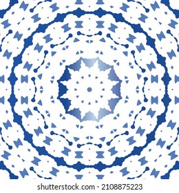 Portuguese ornamental azulejo ceramic. Original design. Vector seamless pattern watercolor. Blue vintage backdrop for wallpaper, web background, towels, print, surface texture, pillows.