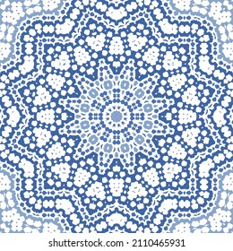 Portuguese ornamental azulejo ceramic. Original design. Vector seamless pattern watercolor. Blue vintage backdrop for wallpaper, web background, towels, print, surface texture, pillows.