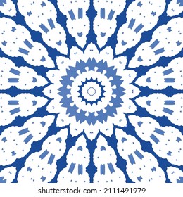 Portuguese ornamental azulejo ceramic. Original design. Vector seamless pattern watercolor. Blue vintage backdrop for wallpaper, web background, towels, print, surface texture, pillows.