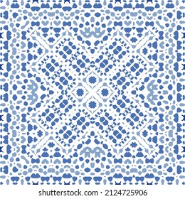 Portuguese ornamental azulejo ceramic. Original design. Vector seamless pattern watercolor. Blue vintage backdrop for wallpaper, web background, towels, print, surface texture, pillows.
