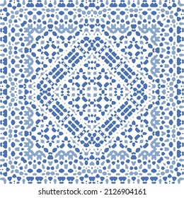 Portuguese ornamental azulejo ceramic. Original design. Vector seamless pattern watercolor. Blue vintage backdrop for wallpaper, web background, towels, print, surface texture, pillows.