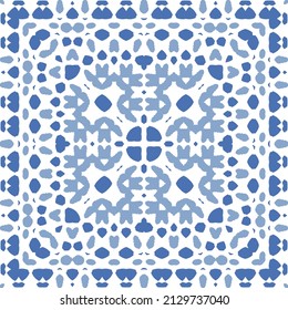 Portuguese ornamental azulejo ceramic. Original design. Vector seamless pattern watercolor. Blue vintage backdrop for wallpaper, web background, towels, print, surface texture, pillows.