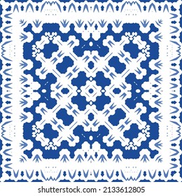 Portuguese ornamental azulejo ceramic. Original design. Vector seamless pattern watercolor. Blue vintage backdrop for wallpaper, web background, towels, print, surface texture, pillows.