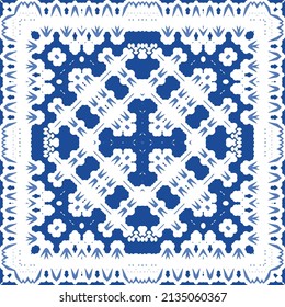 Portuguese ornamental azulejo ceramic. Original design. Vector seamless pattern watercolor. Blue vintage backdrop for wallpaper, web background, towels, print, surface texture, pillows.