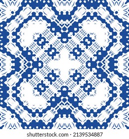 Portuguese ornamental azulejo ceramic. Original design. Vector seamless pattern watercolor. Blue vintage backdrop for wallpaper, web background, towels, print, surface texture, pillows.