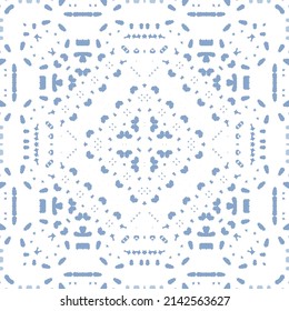 Portuguese ornamental azulejo ceramic. Original design. Vector seamless pattern watercolor. Blue vintage backdrop for wallpaper, web background, towels, print, surface texture, pillows.