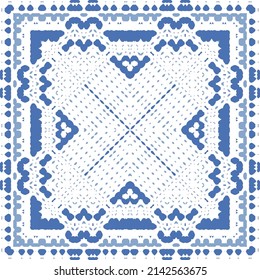 Portuguese ornamental azulejo ceramic. Original design. Vector seamless pattern watercolor. Blue vintage backdrop for wallpaper, web background, towels, print, surface texture, pillows.