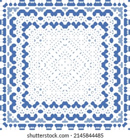 Portuguese ornamental azulejo ceramic. Original design. Vector seamless pattern watercolor. Blue vintage backdrop for wallpaper, web background, towels, print, surface texture, pillows.