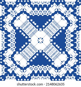 Portuguese ornamental azulejo ceramic. Original design. Vector seamless pattern watercolor. Blue vintage backdrop for wallpaper, web background, towels, print, surface texture, pillows.