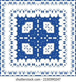 Portuguese ornamental azulejo ceramic. Original design. Vector seamless pattern watercolor. Blue vintage backdrop for wallpaper, web background, towels, print, surface texture, pillows.