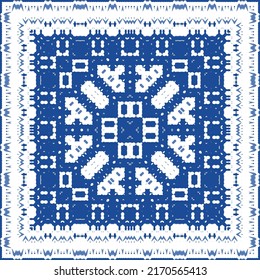 Portuguese ornamental azulejo ceramic. Original design. Vector seamless pattern watercolor. Blue vintage backdrop for wallpaper, web background, towels, print, surface texture, pillows.