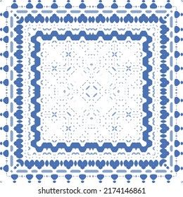 Portuguese ornamental azulejo ceramic. Original design. Vector seamless pattern watercolor. Blue vintage backdrop for wallpaper, web background, towels, print, surface texture, pillows.