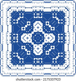 Portuguese ornamental azulejo ceramic. Original design. Vector seamless pattern watercolor. Blue vintage backdrop for wallpaper, web background, towels, print, surface texture, pillows.