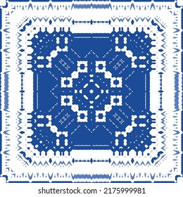Portuguese ornamental azulejo ceramic. Original design. Vector seamless pattern watercolor. Blue vintage backdrop for wallpaper, web background, towels, print, surface texture, pillows.