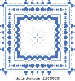 Portuguese ornamental azulejo ceramic. Original design. Vector seamless pattern watercolor. Blue vintage backdrop for wallpaper, web background, towels, print, surface texture, pillows.
